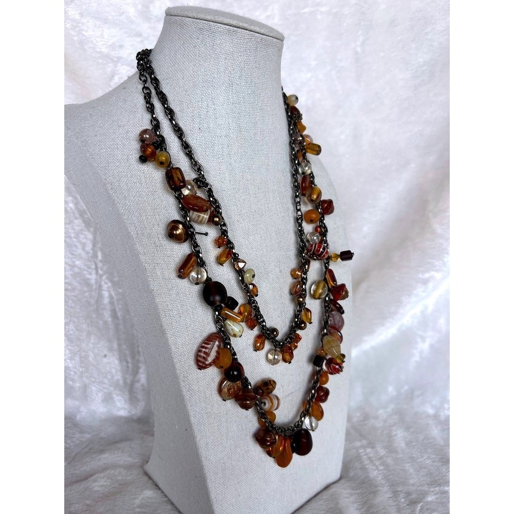 Multi Strand Glass Bead Necklace Amber Red Foil Lampwork Venetian Style Stunning